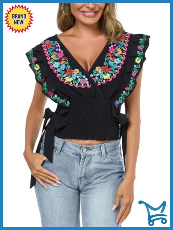 Tops - Women Mexican Embroidered Off-Shoulder Flutter Sleeve Tank Top Boho Cotton